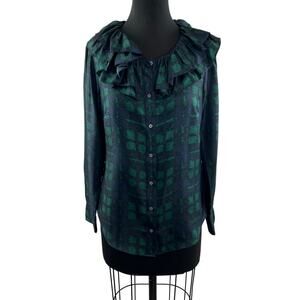 J.Crew Collection Silk Twill Ruffle Collar Plaid Top Blue Green Long Sleeve XS